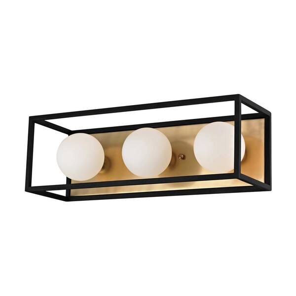 MITZI HUDSON VALLEY LIGHTING Aira 3-Light Aged Brass 15 in. W LED Bath Light with Opal Etched Glass and Black Accents