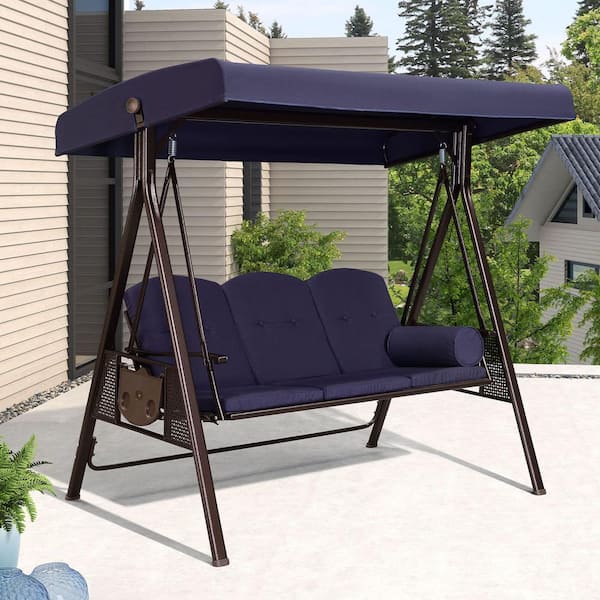 PURPLE LEAF 3-Person Steel Metal Patio Swing with Foldable Side Table, Canopy and Cushions, Navy Blue