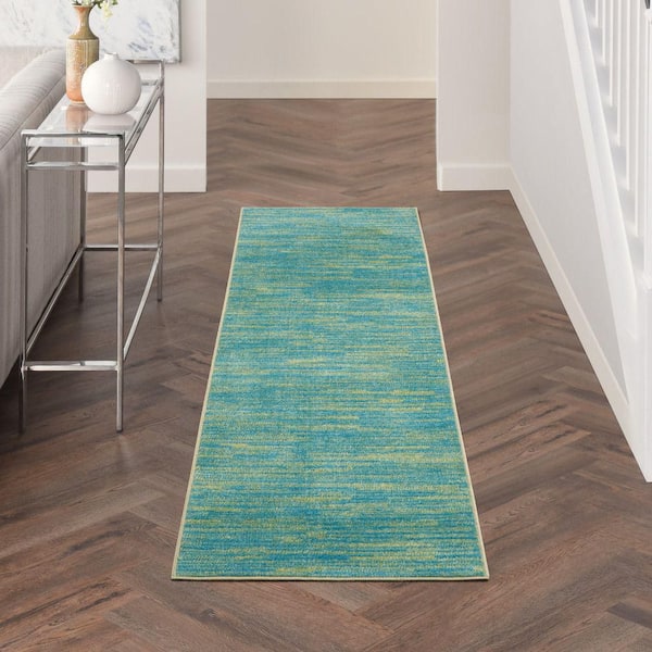 Essentials Blue Green 2 ft. x 14 ft. Solid Contemporary Runner Indoor/Outdoor Area Rug