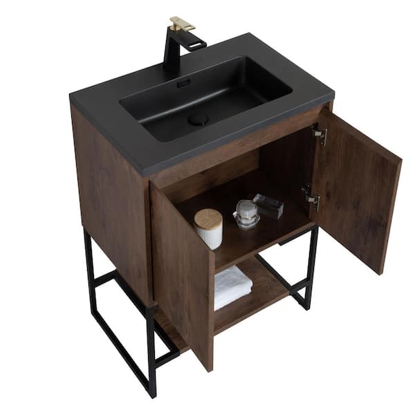 Allen 24 in. Freestanding Rosewood Bath Vanity Open-Shelf Bathroom Storage Vanity Cabinet with Black Resin Top Basin