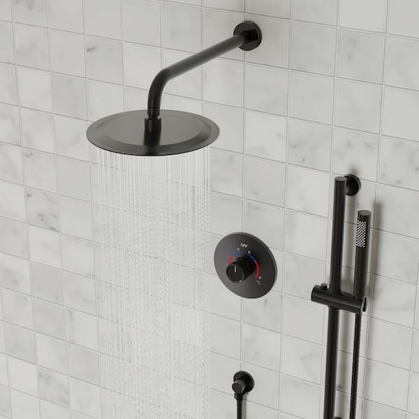 2-Spray 10 in. Wall Mount Dual and Handheld Shower Head with Slider Bar 2.5 GPM in Matte Black (Valve Included)