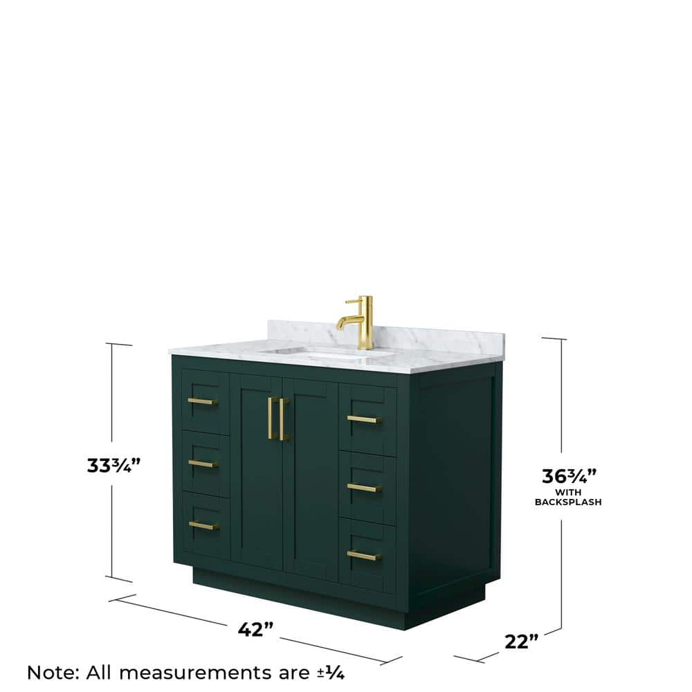 Miranda 42'' Green Single Freestanding Bathroom Vanity with White Carrara Marble Top and Brushed Gold Trim
