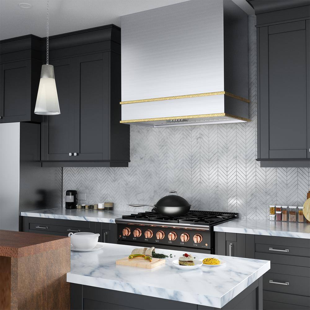 30" Brushed Stainless Steel and Gold Wall Mounted Range Hood