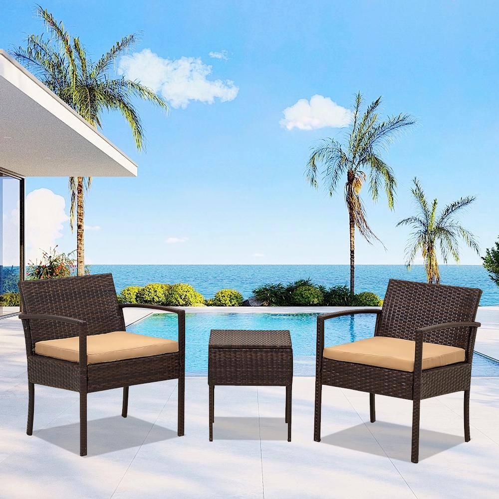 3-Piece Brown Rattan Wicker Patio Conversation Set, Furniture Set, with Lig