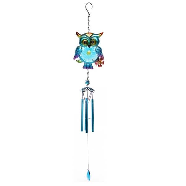 Mr. Garden 32 in. Owl Glass Painted Wind Chime Metal Wind Chime Blue