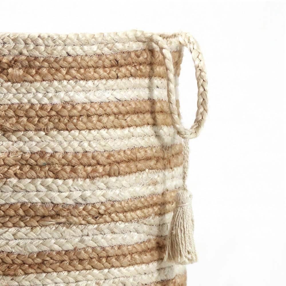 Handmade Striped Natural Jute Round Storage Basket with Handles