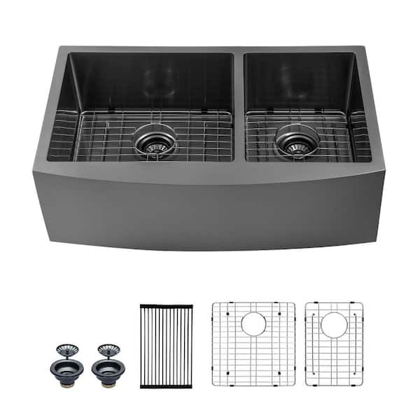 EPOWP 33 in. Farmhouse/Apron-Front Double Bowl 16-Gauge Black Stainless Steel Workstation Kitchen Sink without Faucet