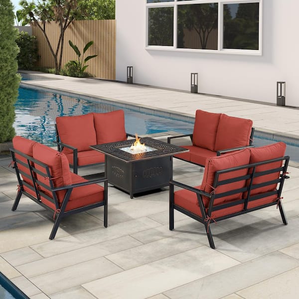 Oakland Living Black 5-Piece Aluminum Patio Fire Table Set with Red Cushions