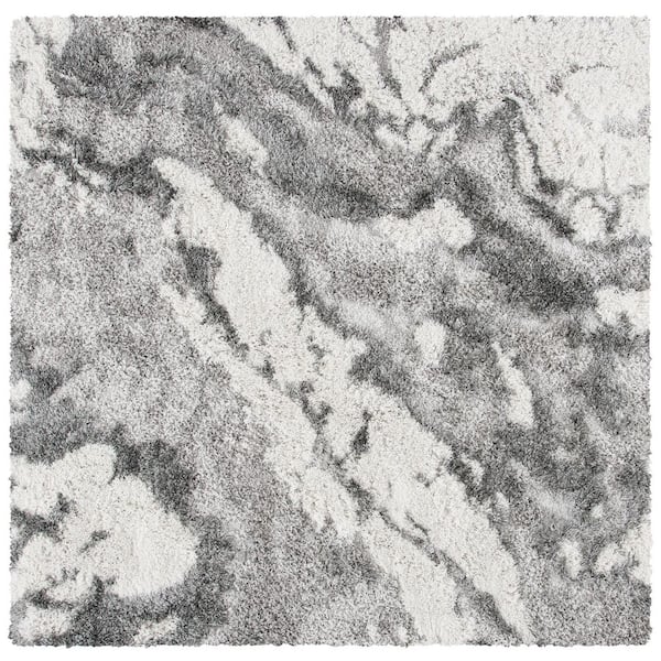 Horizon Shag 7 ft. x 7 ft. Square Gray/Ivory Abstract Marble Area Rug