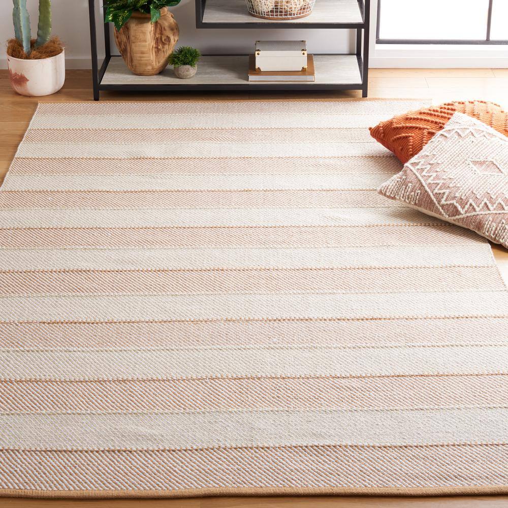 Beige and Gold Striped Wool Cotton Flat Woven Rug