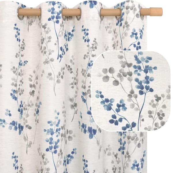 Blue 20% Linen 80% Polyester Blended 52 in. W x 84 in. L Light Filtering Floral Curtain (Set of 2 Panels)