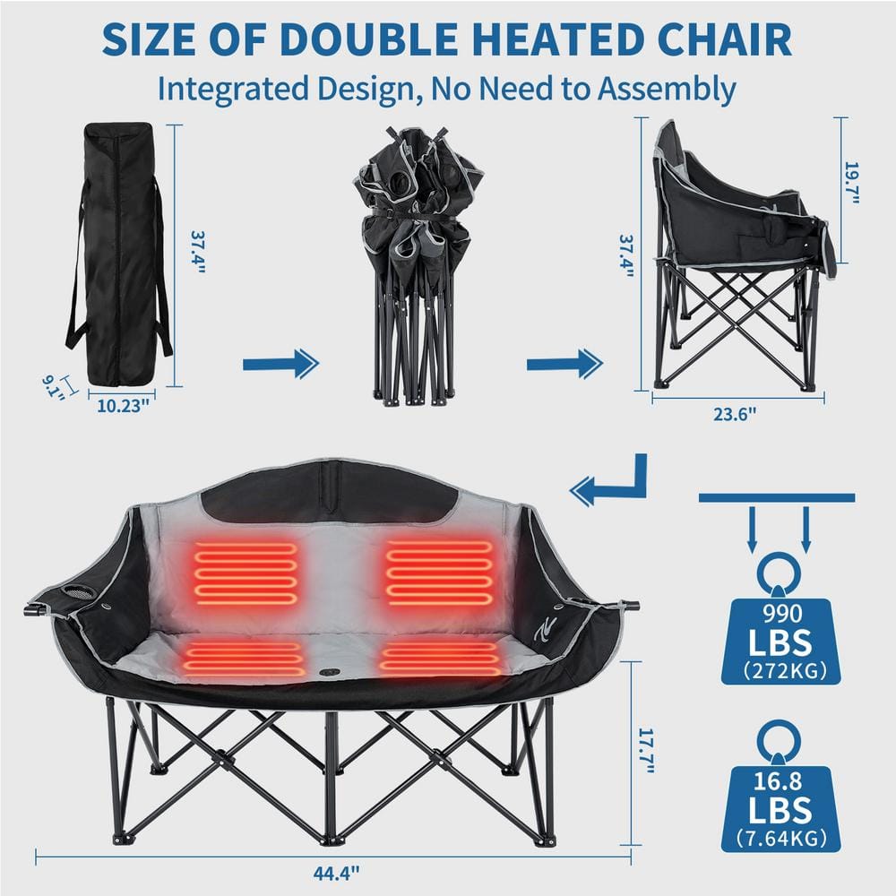 XXXL Heated Double Black Gray Steel Camping Chair with Cushions