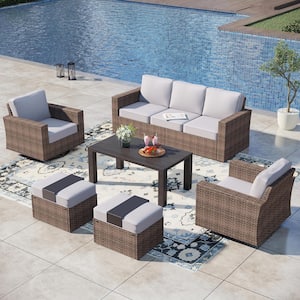 Brown Rattan Wicker 6-Piece Outdoor Patio Conversation Set with Swivel Rocking Chairs, Table, Ottomans and Gray Cushions