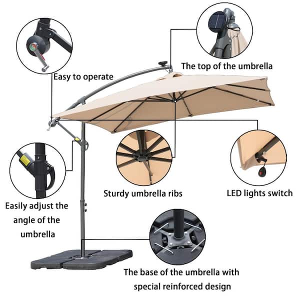 Cantilever Patio Umbrella With Tilt, Cantilever Outdoor Beige Umbrella With Lights And Speaker