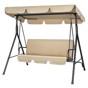 3-Person Steel Frame Patio Swing with Canopy in Beige