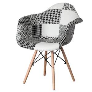 Mid-Century Black and White Modern Style Fabric Lined Armchair with Beech Wooden Legs
