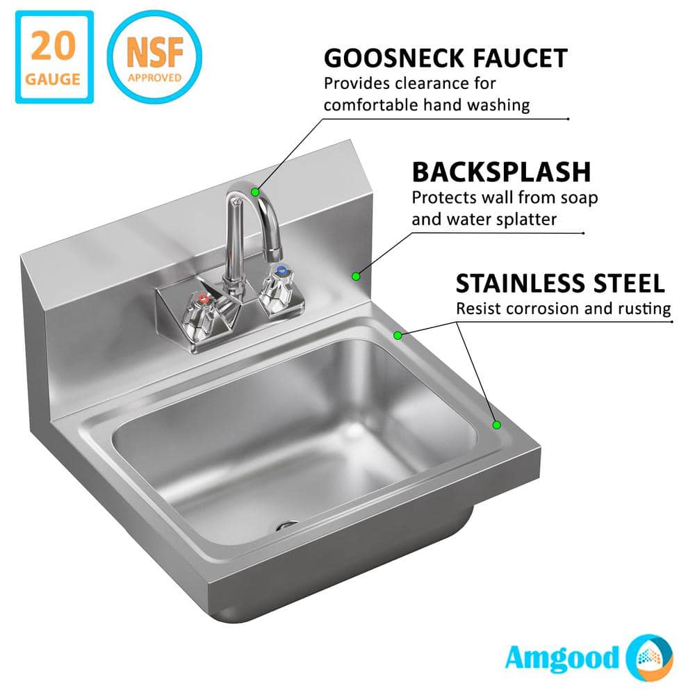 17" x 15" Stainless Steel Wall Mounted Hand Sink with Gooseneck Faucet