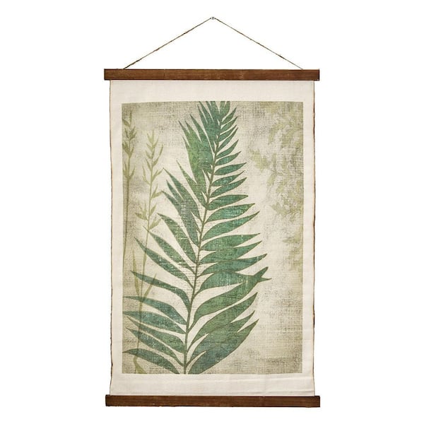 Leaf Wall Scroll Tapestry w/ Rope, Botanical Cotton Linen Hanging Wall Art Decor-Green/Brown/Beige 37 in. H x 23.5 in. L