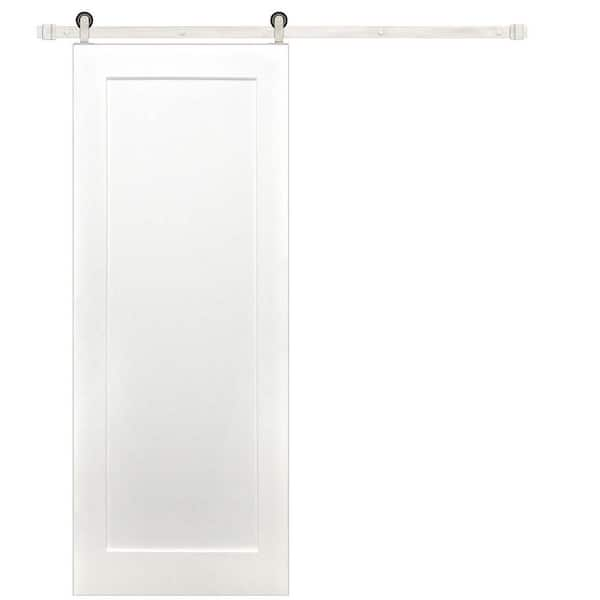 Pacific Entries 32 in. x 80 in. Shaker 1-Panel Primed Pine Interior Sliding Barn Door with Satin Nickel Hardware Kit