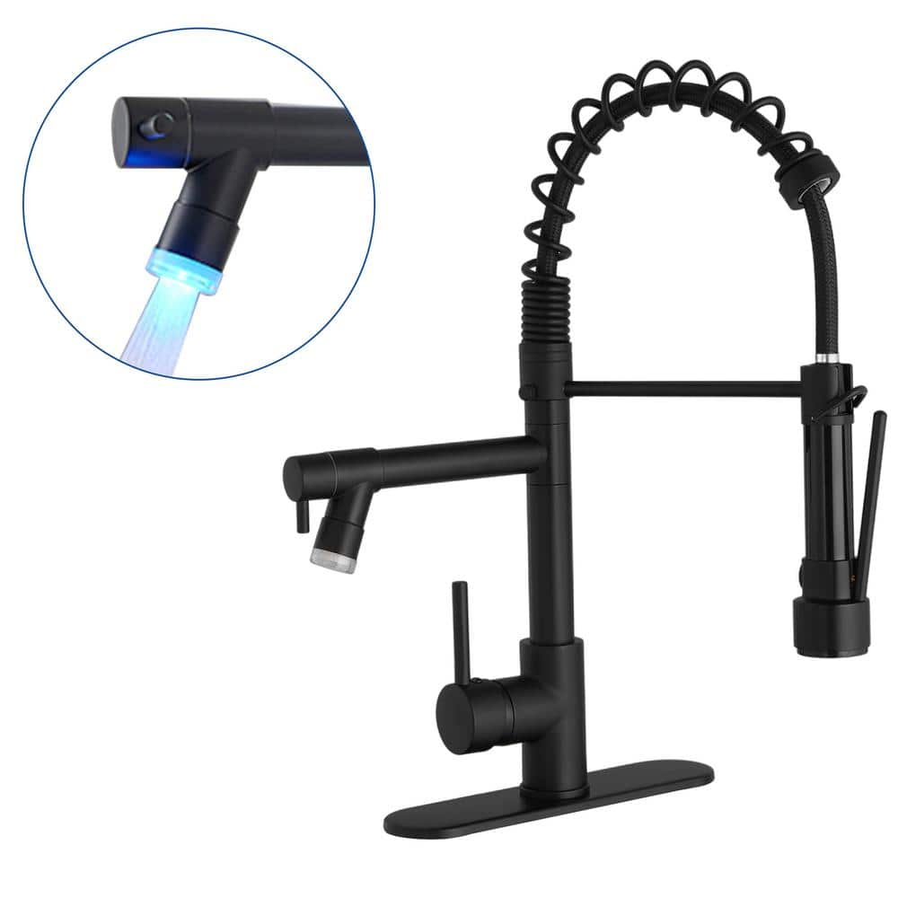 Single Handle Deck Mount Pull Down Sprayer Kitchen Faucet with LED Light and Deck Plate in Matte Black -  BWE, A-9L4016-Black