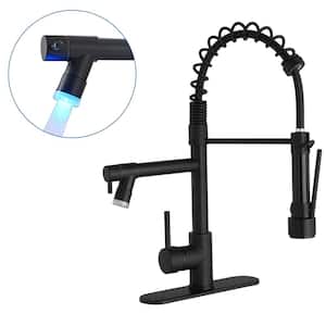 Single Handle Deck Mount Pull Down Sprayer Kitchen Faucet with LED Light and Deck Plate in Matte Black