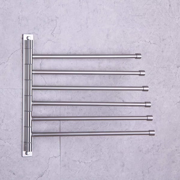 14.3 in. Wall Mounted Chrome Towel Bar in Brushed Nickel with 6 Swing Arms Hanger, Stainless Steel Towel Organizer