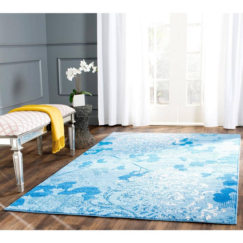 Adirondack Light Blue and Dark Blue Floral Area Rug, 6' x 9'