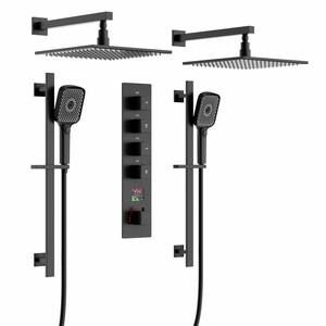 IntelliFlow 12in. and 12in. Dual Wall Mount Fixed with Slide Bar Hand-Shower and Thermostatic Valve in Matte Black