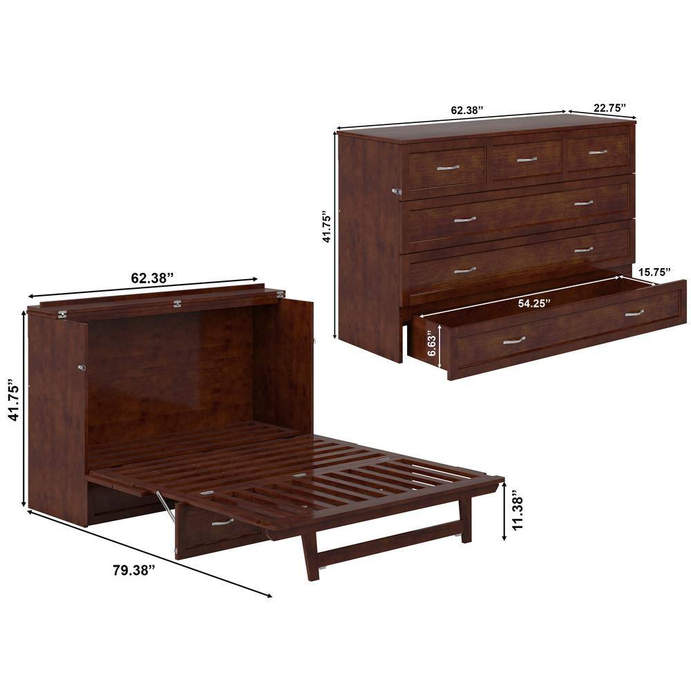 Northfield Walnut Queen Murphy Bed Chest with Built-in Charger and Memory Foam Mattress
