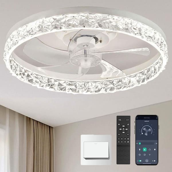 Ltemziiy 20 in. Indoor Modern White Crystal Flush Mount Ceiling Fan with Light, Dimmable Small LED Ceiling Fan