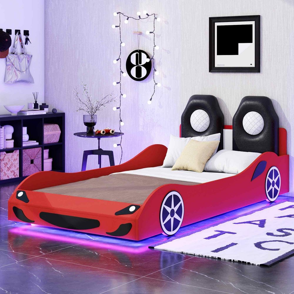 Polibi Red Wood Frame Twin Size Platform Bed with LED and