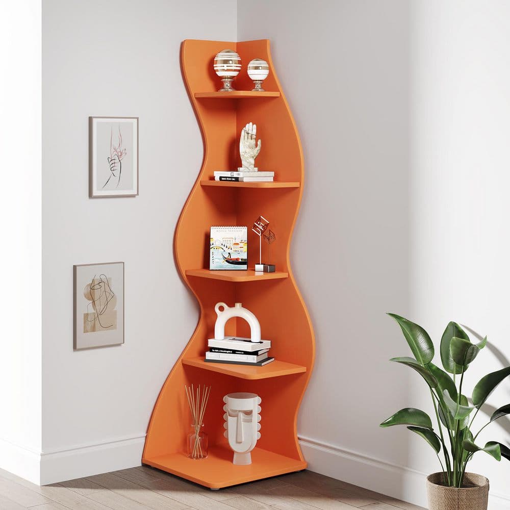 Eulas 69.8 in. Tall Orange Engineered Wood 5-Shelf Standard Bookcase Corner Shelf with Storage