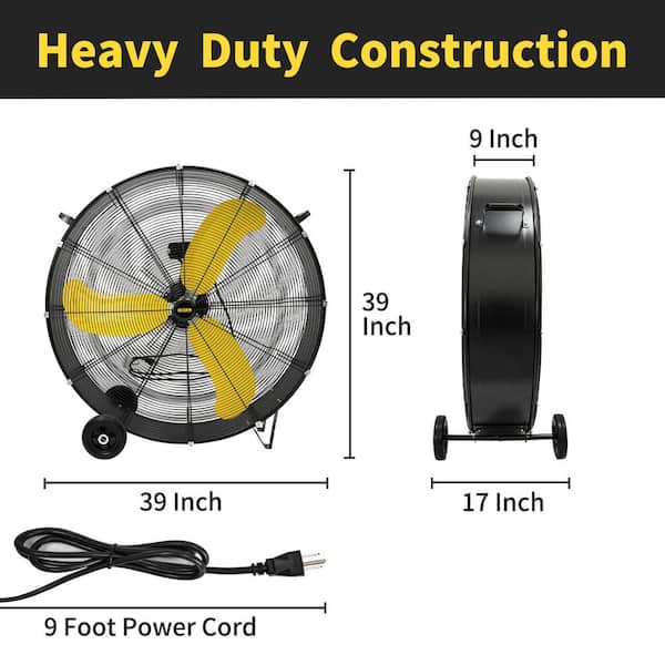 HICFM 36 in. Black Industrial Drum Fan, 18600 CFM, 2-Speed, 3/5 HP, Heavy Duty,Casters and Handle,Warehouse and Workshop