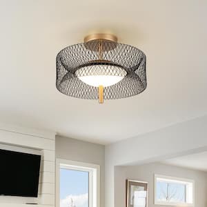 12.6 in. 23-Watt Black/Gold Integrated LED Semi-Flush Mount Ceiling Light with Drum Shade