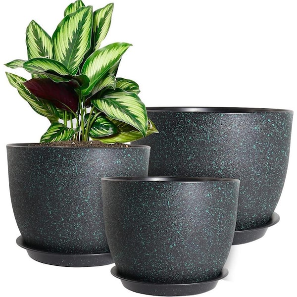 ITOPFOX Modern 10 in. L x 10 in. W x 7.5 in. H Black/Green Speckles Plastic Round Indoor Planter (3-Pack)