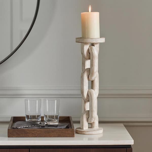 Liv & Skye White 14 in. Wood Coastal Chain Link Pillar Candle Holder