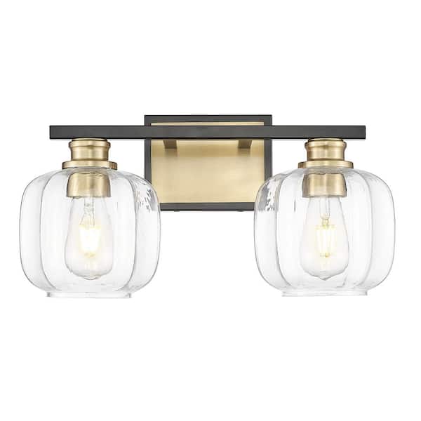 Oxley 17.5 in. Matte Black and Brass 2-Light Vanity With Clear Glass Globes