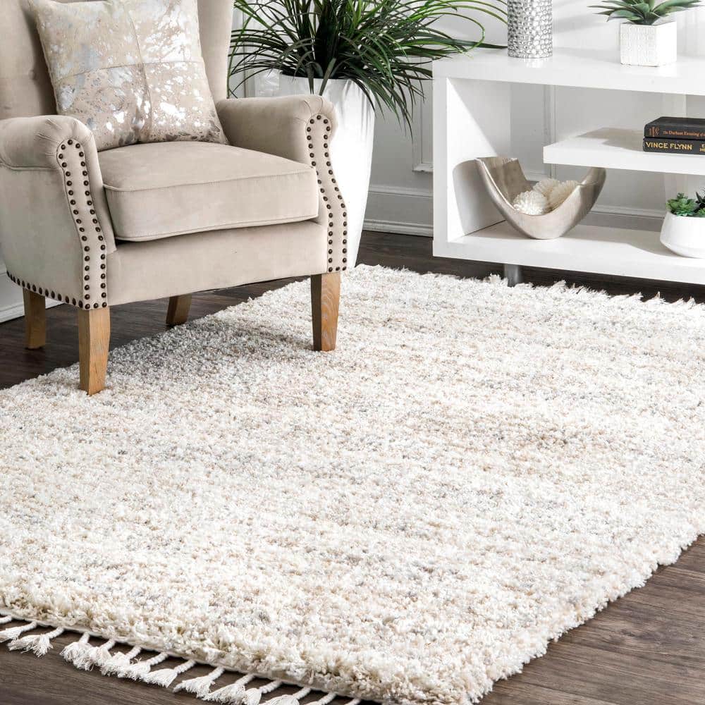 Ivory Plush Braided Tassel Shag Area Rug, 6'7" x 9'