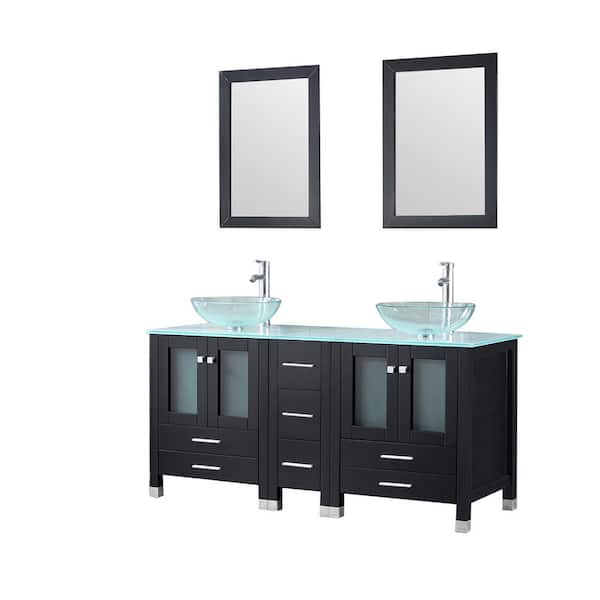 walsport 60 in. W x 21.5 in. D x 61 in. H Double Sinks Bath Vanity in Black with Glass Top and Mirror