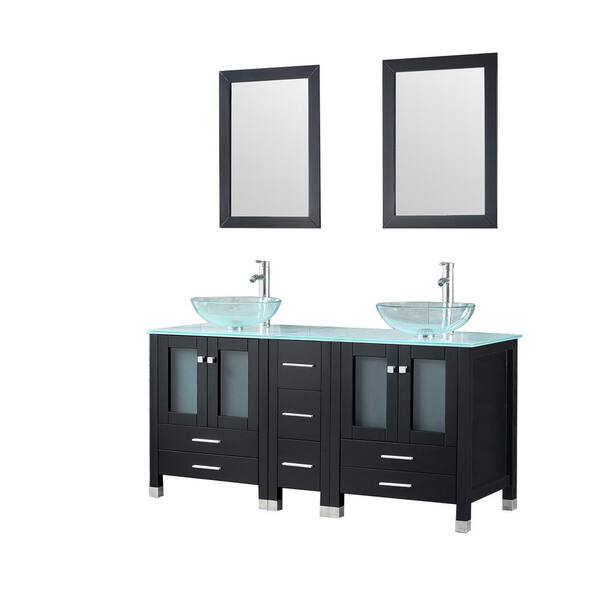 Wonline 60 in. W x 21.5 in. D x 61 in. H Double Sinks Bath Vanity in Black with Glass Top and Mirror