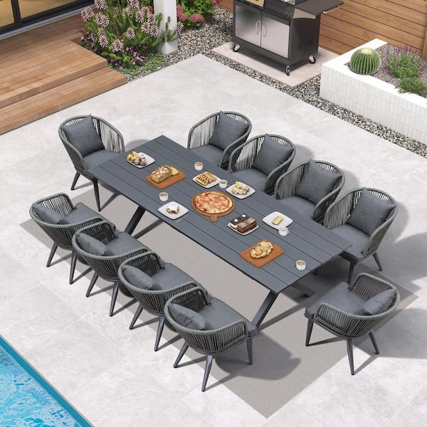 11-Piece All-Weather Wicker Outdoor Dining Set with Table All Aluminum Frame and Gray Cushions for Garden Backyard Deck