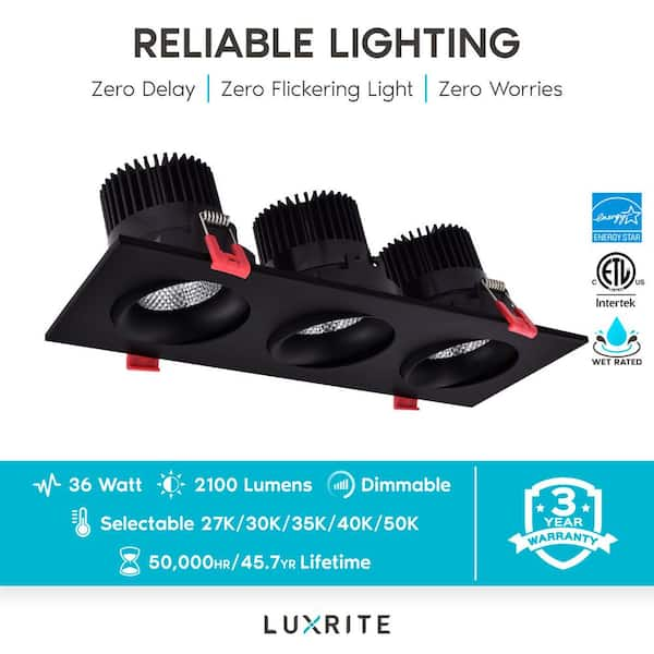 LUXRITE 11 in. Canless 3 Head Adjustable LED Recessed Lights 36W 5