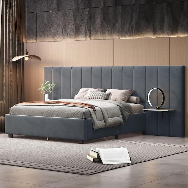 Gray Wood Frame Queen Upholstered Queen Platform Bed with Big Headboard