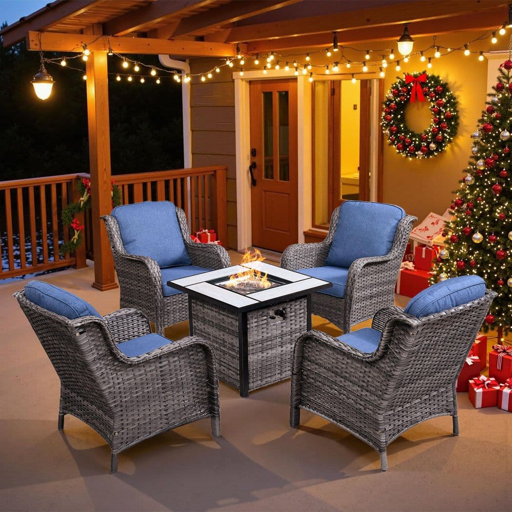 Clario Best 5-Piece PE Wicker Patio Furniture Set with Fire Pit, Denim Blue Cushions for All-Weather for Deck, Backyard price history on PriceWatchPro