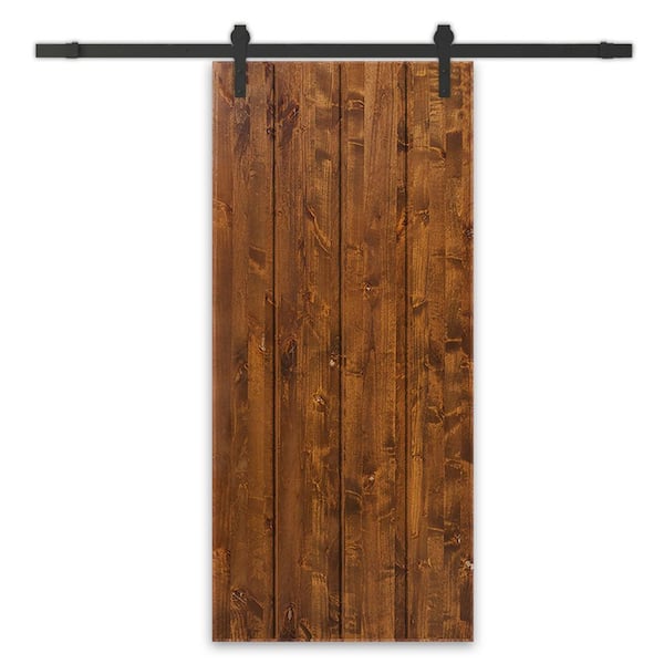 CALHOME 38 in. x 80 in. Walnut Stained Pine Wood Modern Interior Sliding Barn Door with Hardware Kit