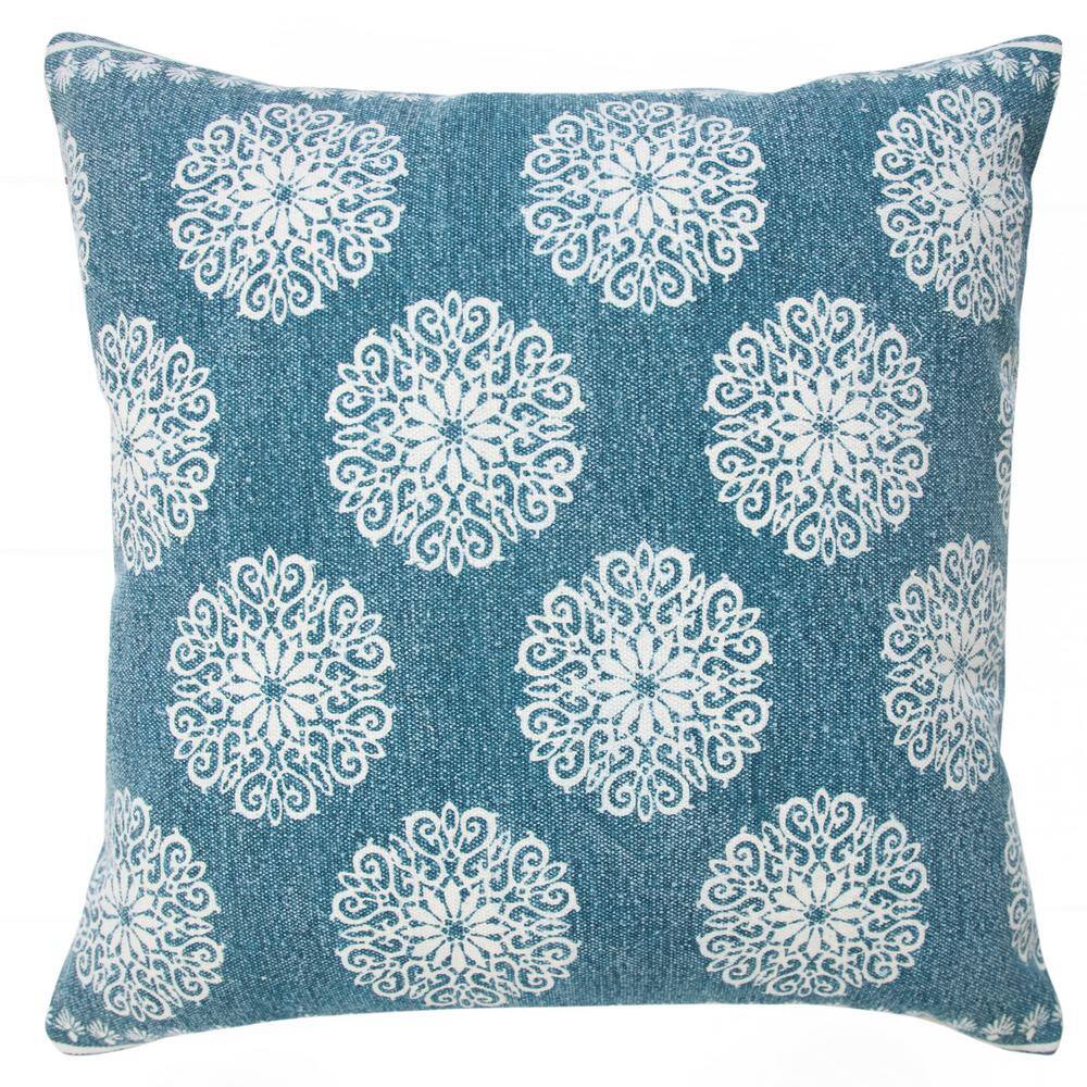 Traditional Lagoon Blue/White 20 in. x 20 in. Fairytale Motif Bordered Indo