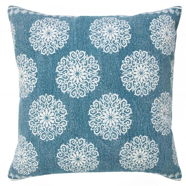 Unbranded Traditional Lagoon Blue/White 20 in. x 20 in. Fairytale Motif Bordered Indoor Throw Pillow