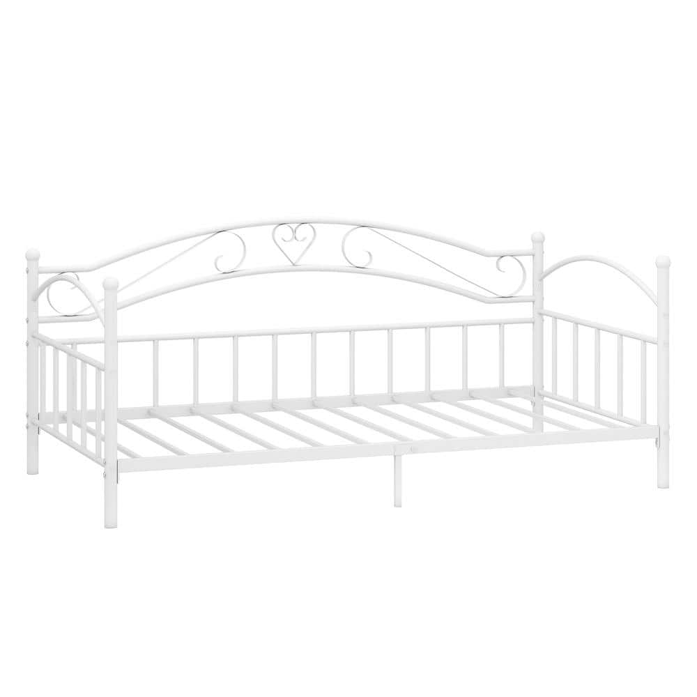 Twin Metal Daybed 485 lb. Capacity Scrollwork Headboard 12 Powder-Coated Slats Middle Support Leg 6.5 in. Clearance