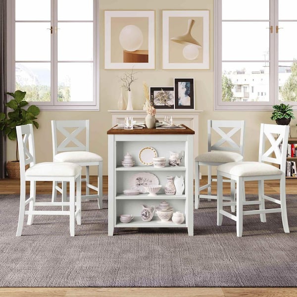 5-Piece Farmhouse White Wood Top Bar Table Set Seats 4
