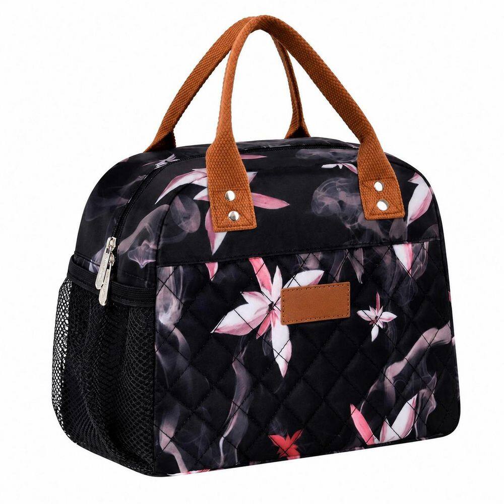 Floral Pink Reusable Lunch Bag with Front Pocket, Side Mesh Pockets, and Water-Resistant Polyester